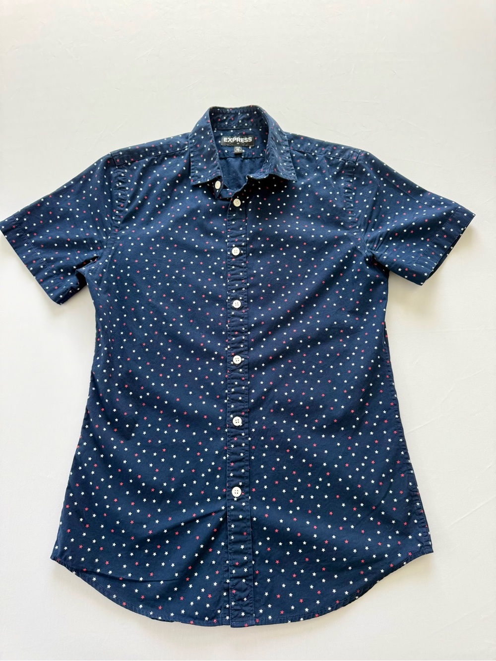 Express Navy Short-Sleeve Button-Down with Tiny Star Print